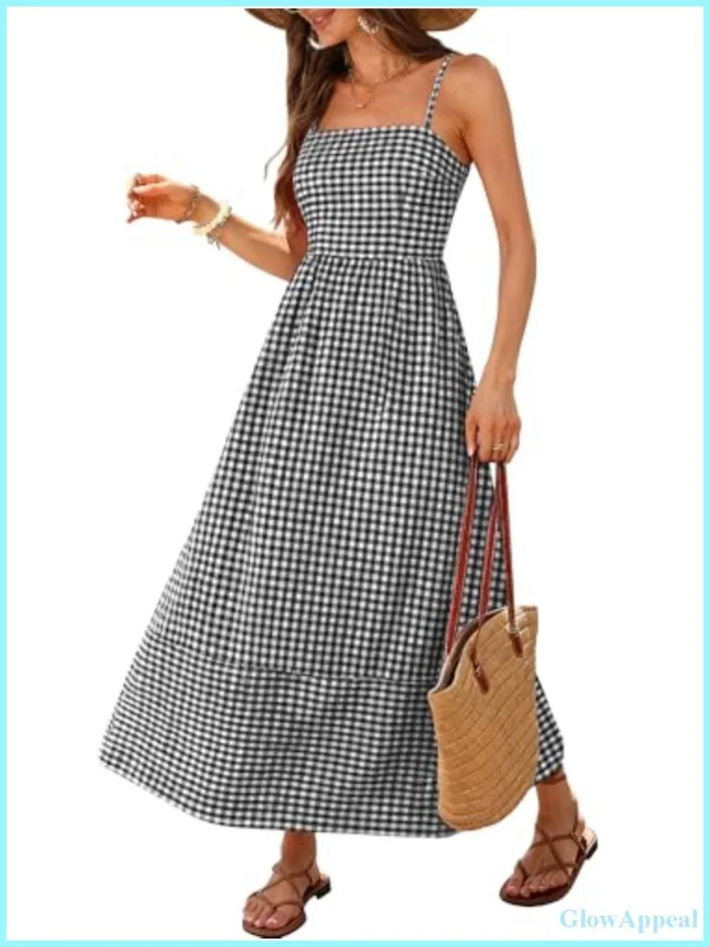 Womens Gingham Spaghetti Strap Smocked Back Flowy Maxi Sundress